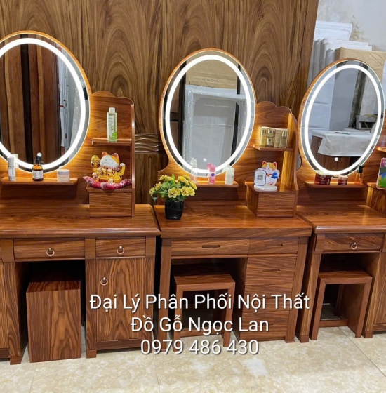 Bàn Trang Điểm Gỗ Cẩm Vân 80CM Gương Hộp Đèn Les Nhiều Ngăn Kéo, Tiện Lợi