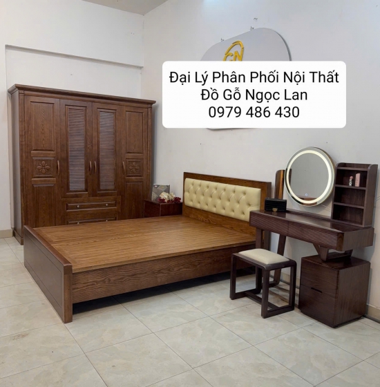 Combo Phòng Ngủ Gỗ Sồi 4 Chi Tiết Lau Màu Óc Chó - Hiện Đại