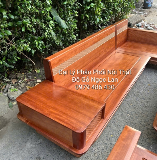 Ghế Sofa Gỗ Xoan Đào Góc L Chân Thuyền, Tựa Soi 2m9x1m8 