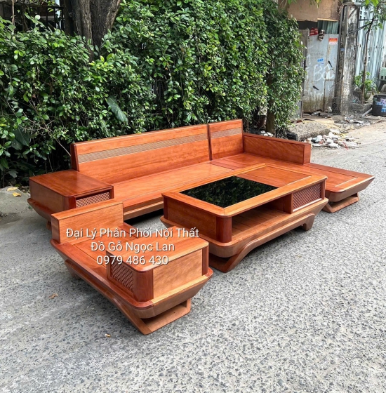 Ghế Sofa Gỗ Xoan Đào Góc L Chân Thuyền, Tựa Soi 2m9x1m8 