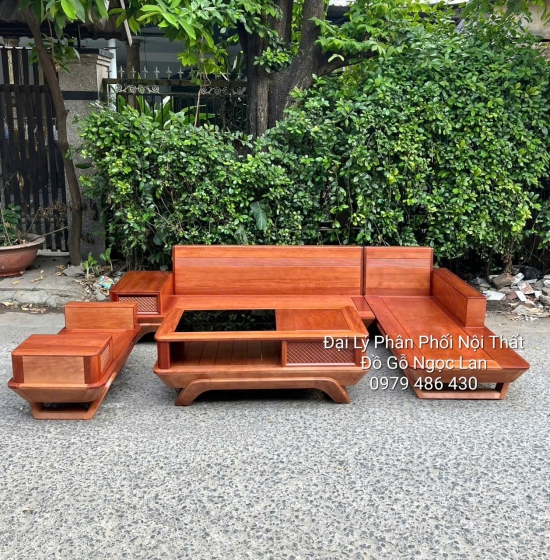 Ghế Sofa Gỗ Xoan Đào Góc L Chân Thuyền, Tựa Soi 2m9x1m8 
