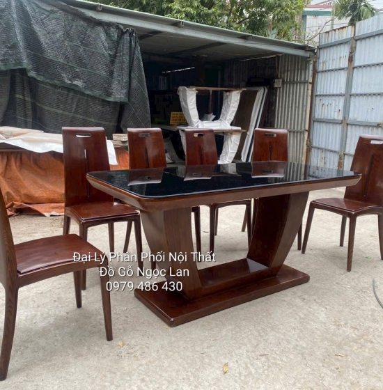 Bộ Bàn Ăn Gỗ Sồi Nga Lau Màu Óc Chó 6 Ghế Chân Chữ U Hiện Đại 