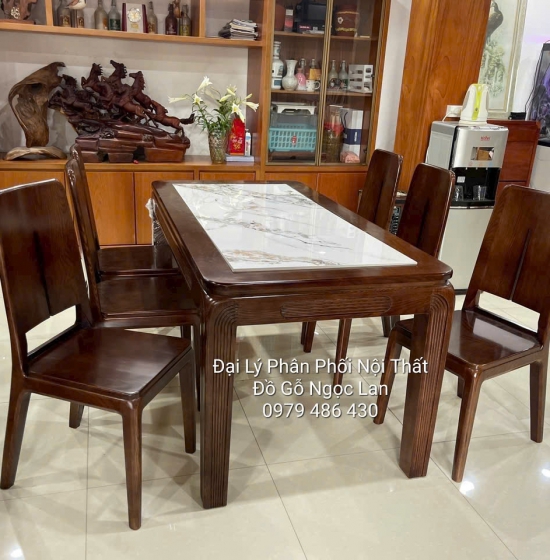 Bộ Bàn Ăn Gỗ Sồi Nga 6 Ghế Màu Óc Chó Mặt Đá Chân Soi 