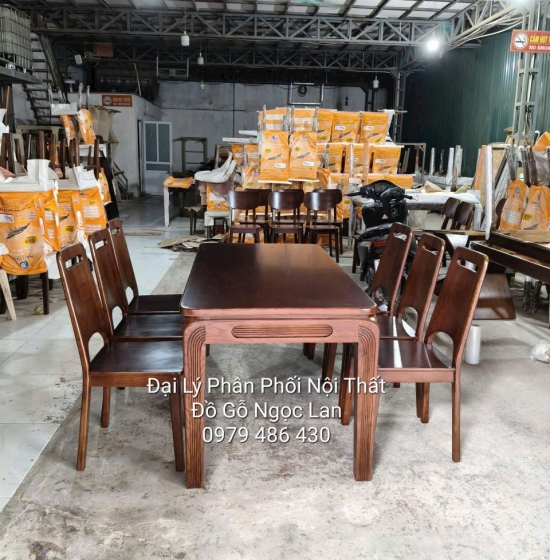 Bàn Ăn Gỗ Sồi Nga 6 Ghế Chân Soi Màu Óc Chó - Hiện Đại 