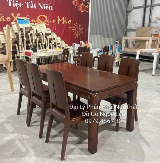 Bàn Ăn Gỗ Sồi Nga 6 Ghế Chân Soi Màu Óc Chó - Hiện Đại 