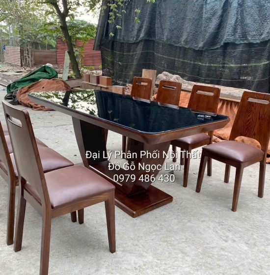 Bàn Ăn Gỗ Sồi Nga Chân Thuyền 8 Ghế Màu Óc Chó Sang Trọng