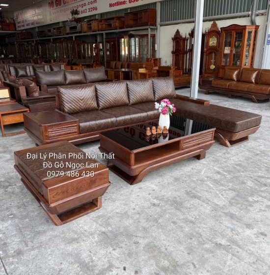 Sofa Gỗ Sồi Nga Màu Óc Chó Góc L Chân Thuyền Kèm Nệm Sang Trọng 3mx2m