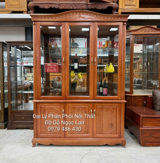 Tủ Rượu Vuông Gỗ Xoan Đào 1m45 Phào Đục