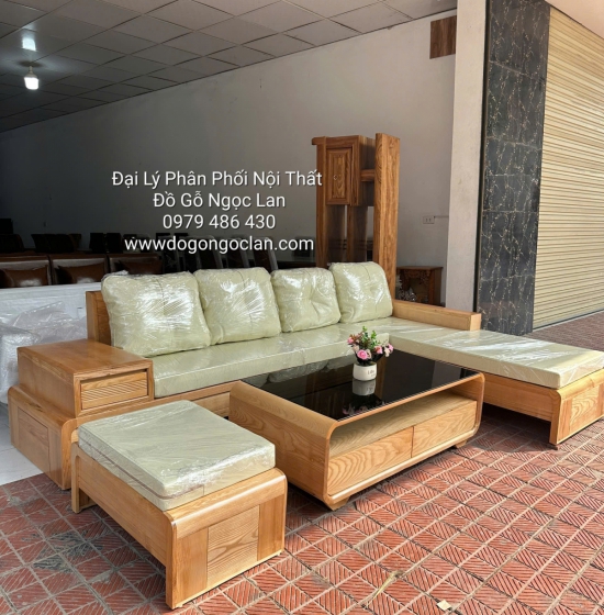 Ghế Sofa Gỗ Sồi Nga Chân Cuốn Màu Tự Nhiên Góc L 2m8 x 1m8