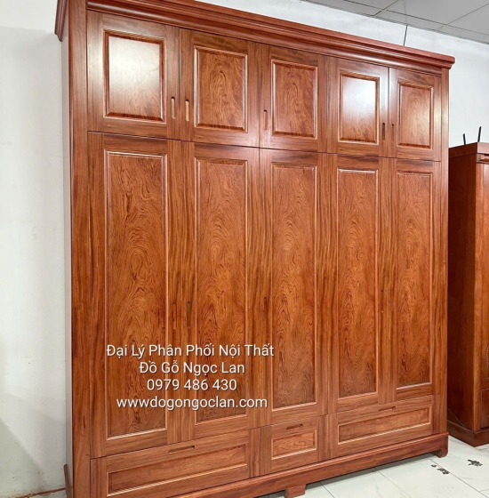 Tủ Quần Áo 5 Cánh Cao 2 Tầng Gỗ Hương Đá Mẫu Trơn - Hiện Đại 