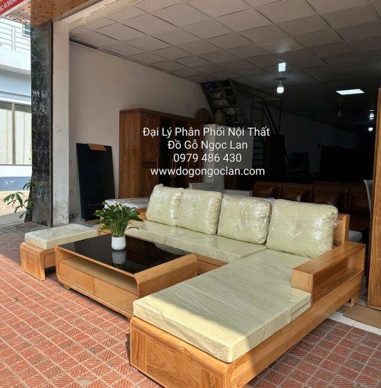 Ghế Sofa Gỗ Sồi Nga Chân Cuốn Màu Tự Nhiên Góc L 2m8 x 1m8