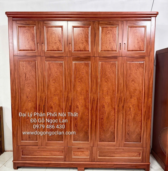 Tủ Quần Áo 5 Cánh Cao 2 Tầng Gỗ Hương Đá Mẫu Trơn - Hiện Đại 