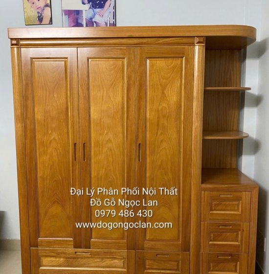Tủ Áo 3 Cánh Kèm Kệ Góc Trang Trí Bo Cạnh Gỗ Gõ Đỏ 