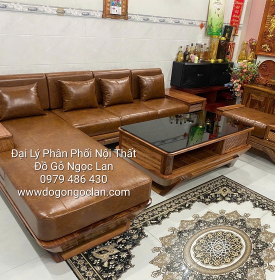 Bộ Bàn Ghế Sofa Gỗ Hương Xám Chân Thuyền Hiện Đại Kèm Nệm Góc L 