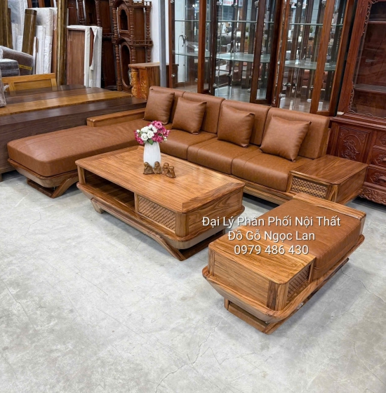 Bộ Bàn Ghế Sofa Gỗ Hương Xám Chân Thuyền Hiện Đại Kèm Nệm Góc L 